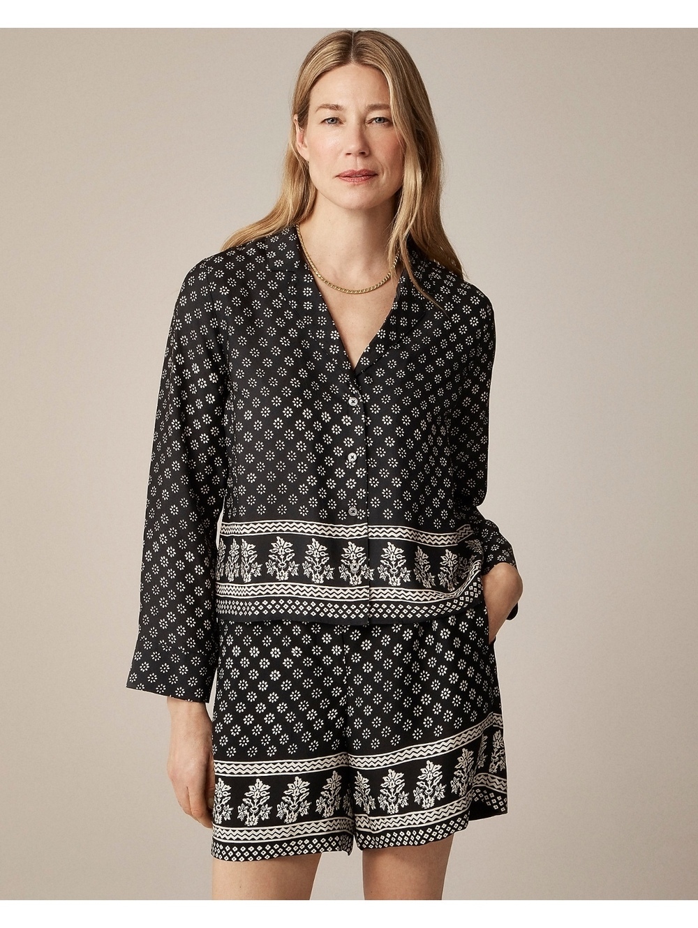 J.Crew Camp Collar Button-Up Shirt Block Print Faded Black 100% Viscose XXS